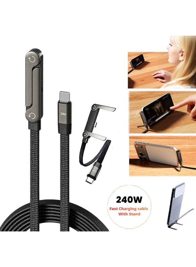 كابل شحن سريع USB-C إلى USB-C بقوة 240 واط بطول 1.5 متر مع حامل قابل للطي 360 درجة، سلك مضفر يدعم PD 3.1 للهواتف والأجهزة اللوحية واللابتوب - Image 1